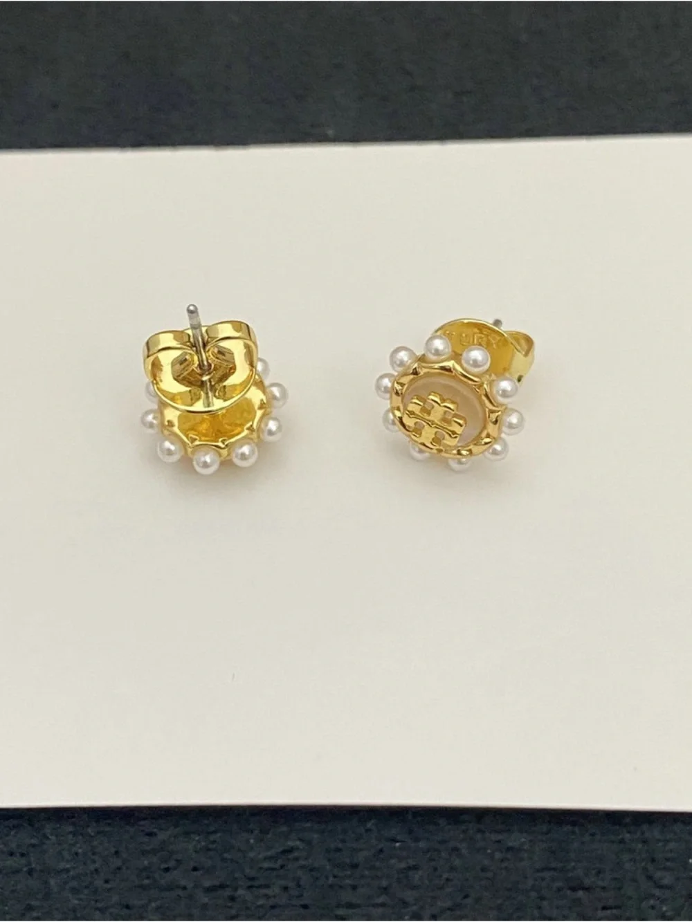 Tory Burch Gold Logo Pearl-Trim Stud Earrings